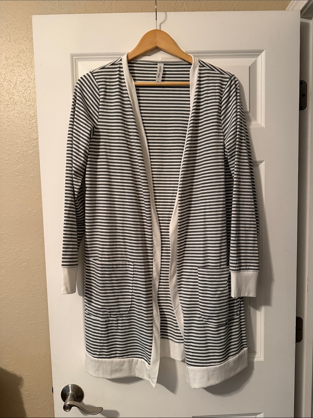 Tickled Teal Grey and White Striped Open-Front Cardigan